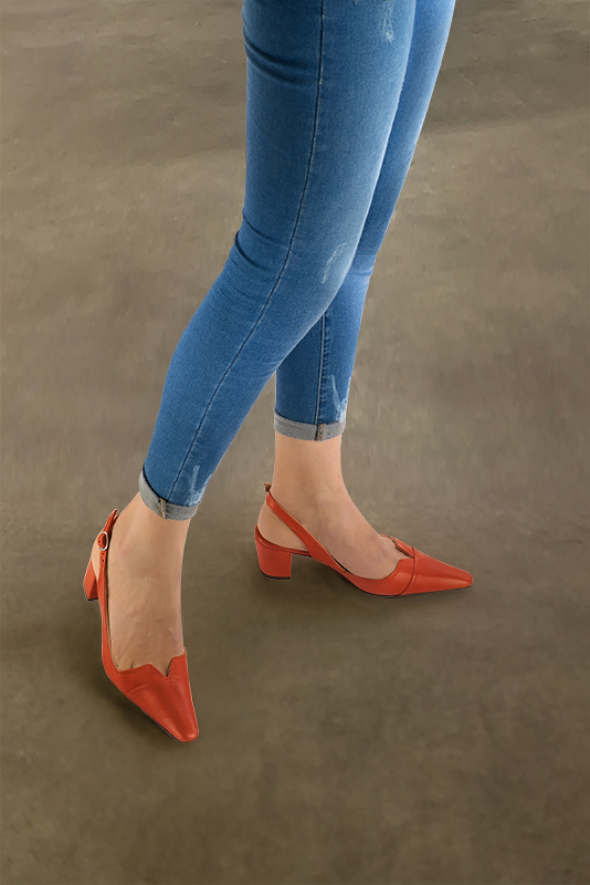 Clementine orange women's slingback shoes. Tapered toe. Medium block heels. Worn view - Florence KOOIJMAN